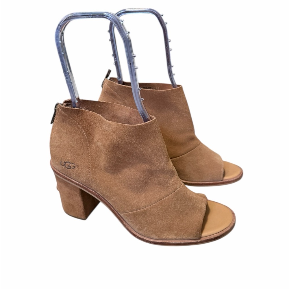 UGG Ginger Suede Women's Tan Peep-Toe Block Heel Booties Size 9 Work Comfort